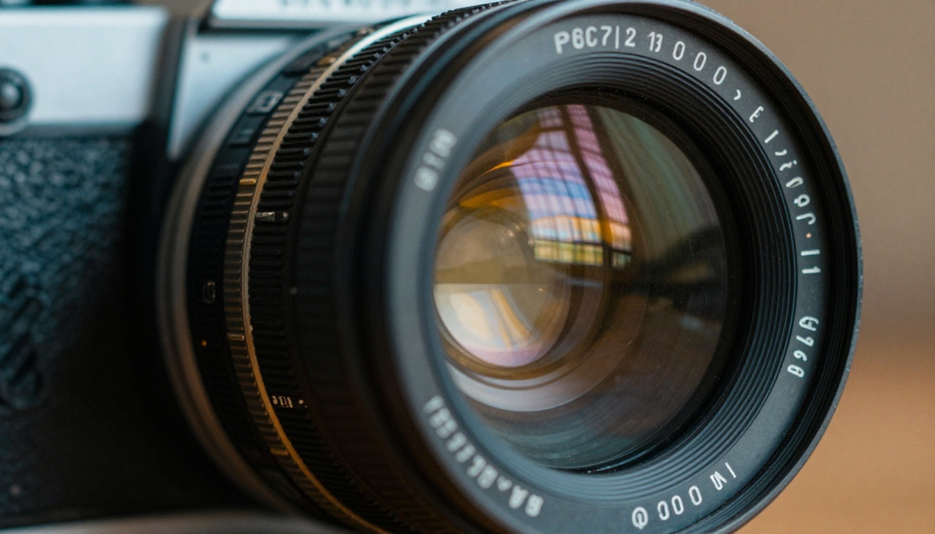 Extreme close-up of a vintage cinema lens with window reflections