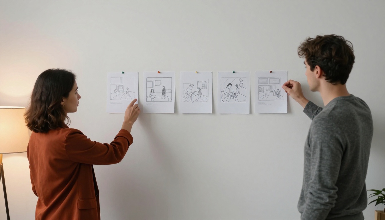 Two colleagues pinning storyboard cards to a white wall