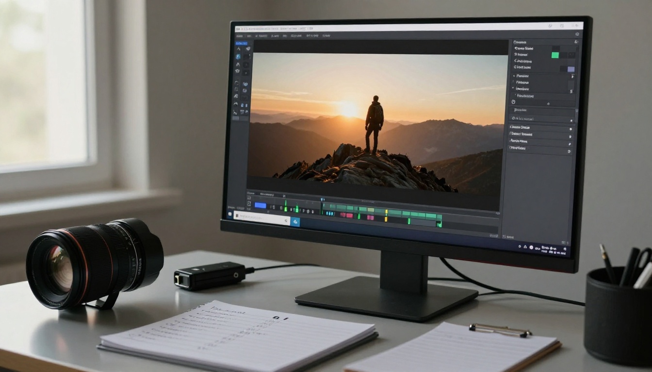 Close view of a video editor workstation with a paused frame of a hiker on a ridge