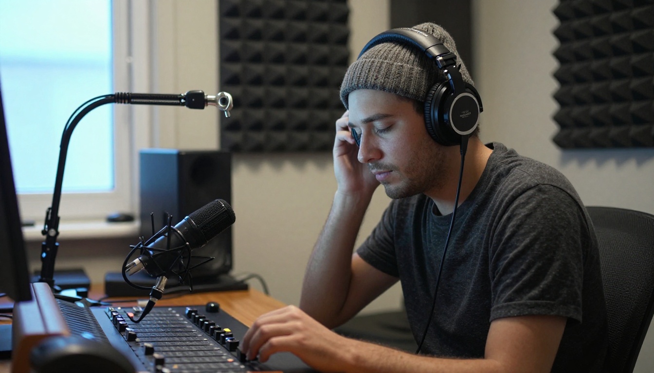 A sound designer in studio headphones listening at a wooden console
