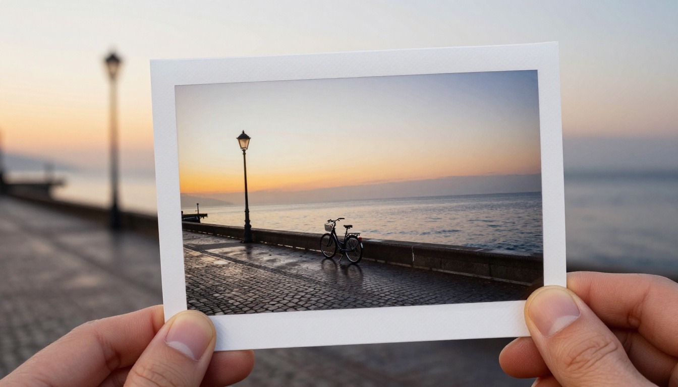 A hand holding a printed photograph aligned with the seaside scene behind it