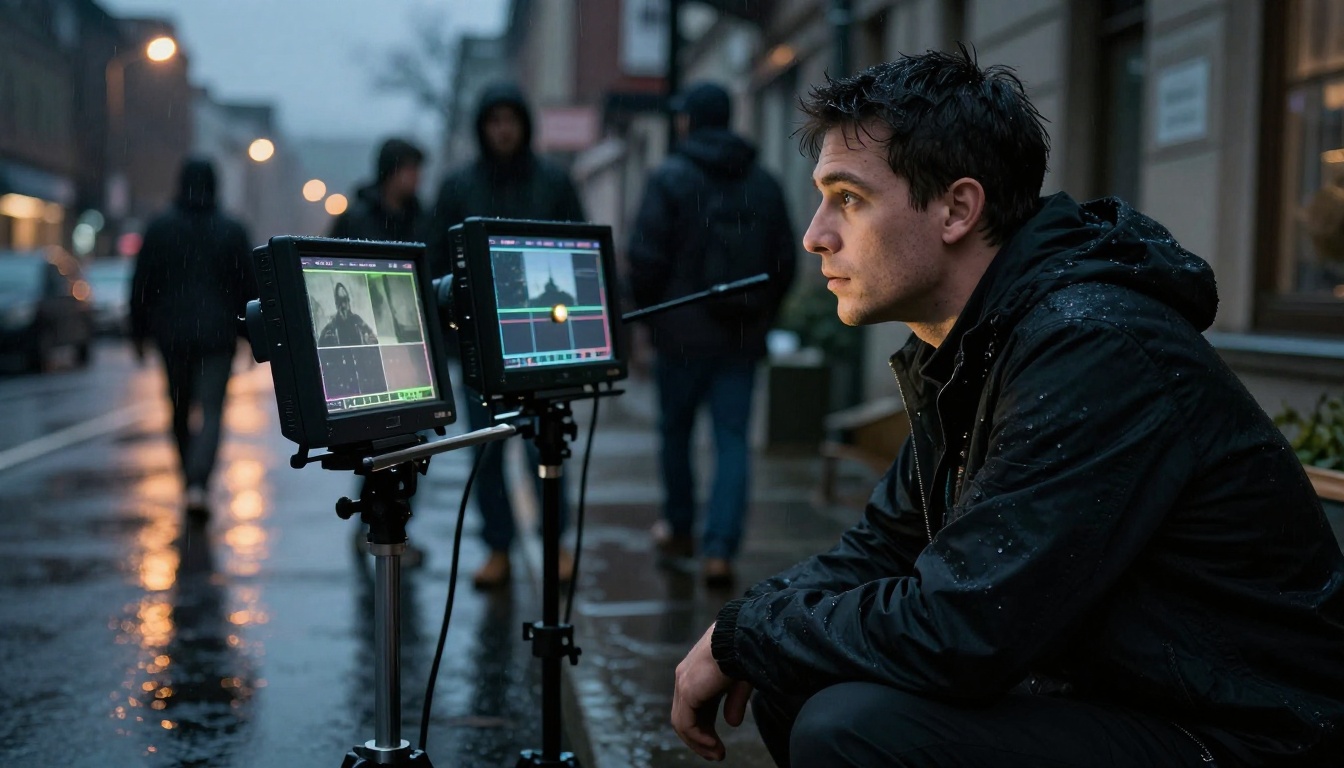A director reviewing playback on a field monitor at a rain-dampened street set