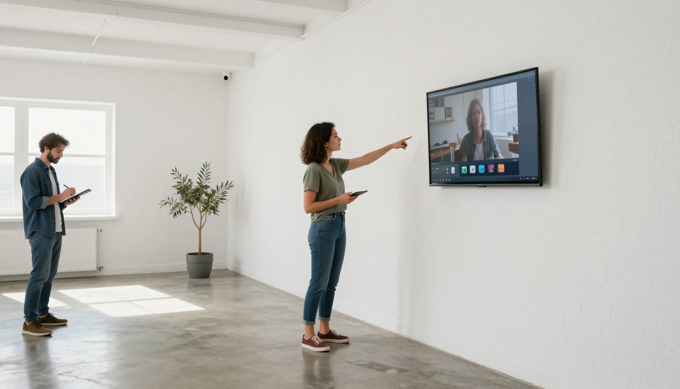 Two colleagues reviewing a paused video frame on a large wall monitor