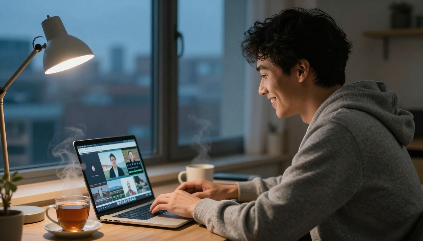 A young man smiling at a finished video clip playing on his laptop at blue hour