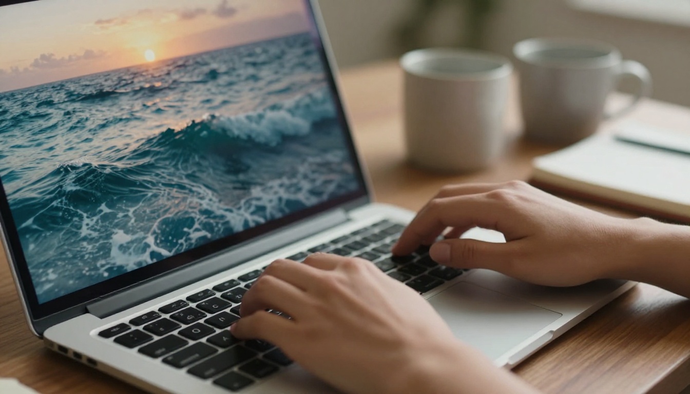Hands typing on a laptop with a paused ocean video frame on the screen