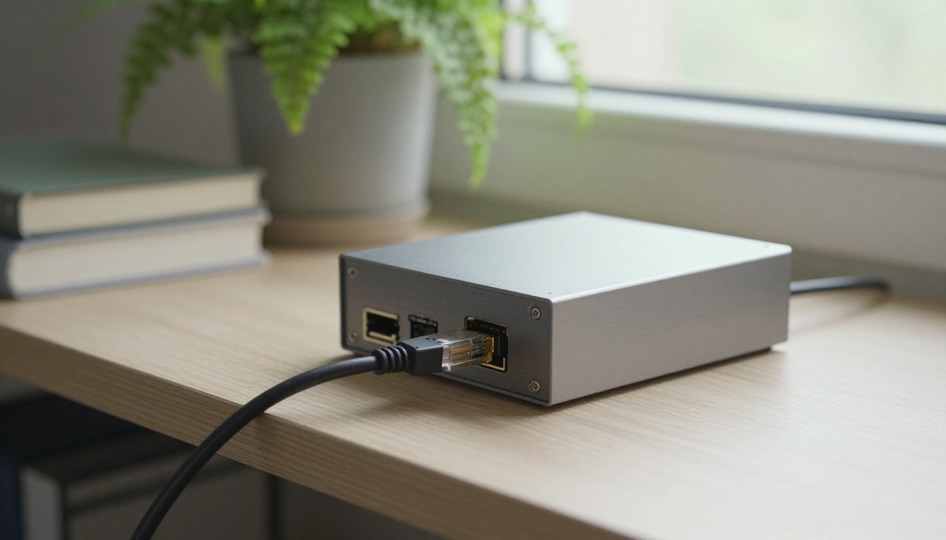 A small fanless mini computer on an oak shelf with a single ethernet cable