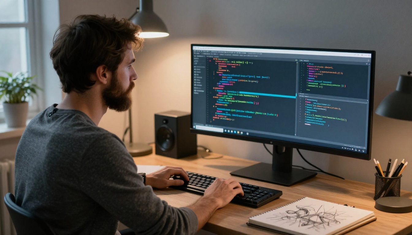 A bearded developer reading code on a wide monitor in a studio apartment at dusk