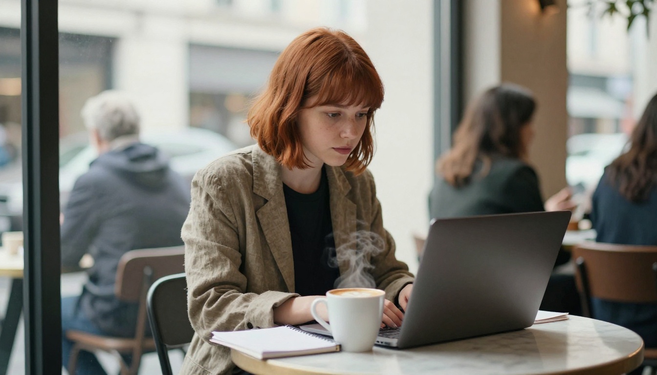 A woman working on a laptop at a marble cafe table by a street window