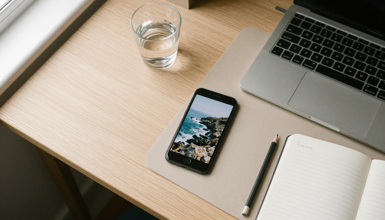 Top-down view of a desk with a phone playing a coastline video next to a laptop