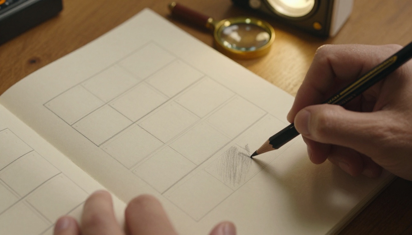 A filmmaker's hands sketching a storyboard in pencil next to a vintage light meter