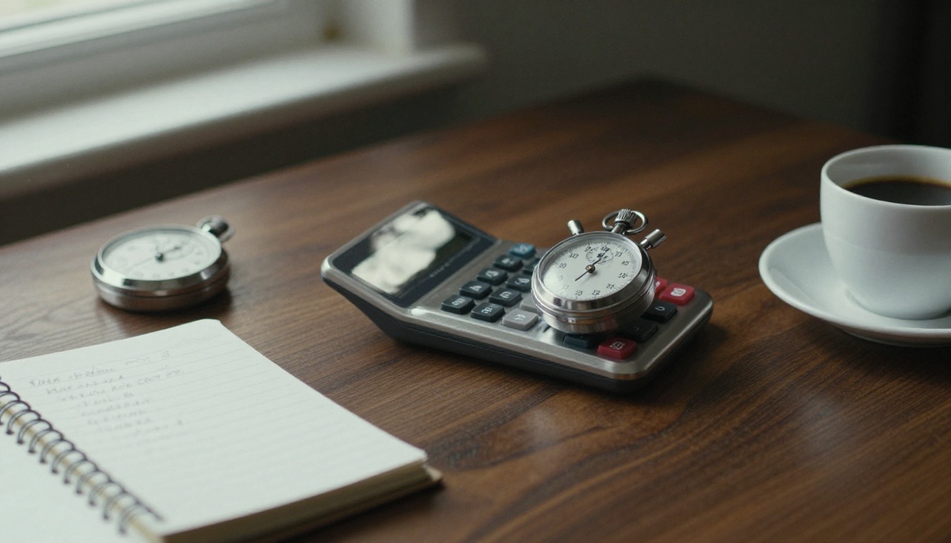 A calculator, a stopwatch and a notebook on a dark walnut table