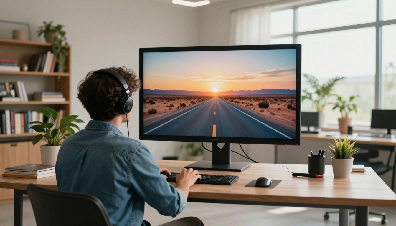 A young man watching a desert highway preview on a large monitor in a studio