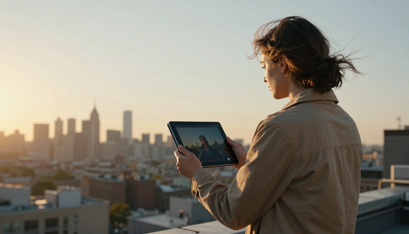 A filmmaker on a rooftop at golden hour holding up a tablet with a finished clip