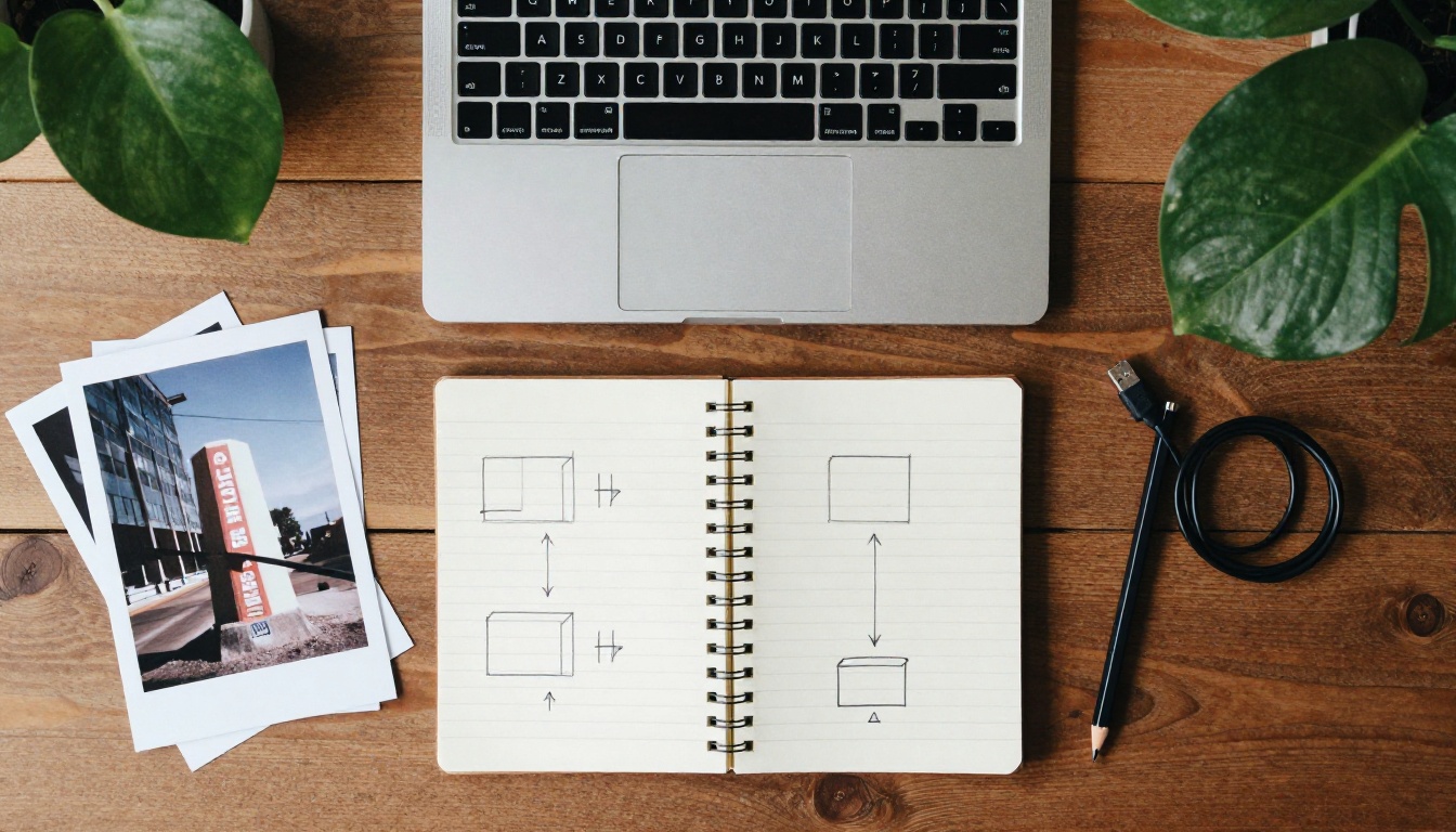 Notebook, laptop and printed photos laid out on a wooden desk, seen from directly above