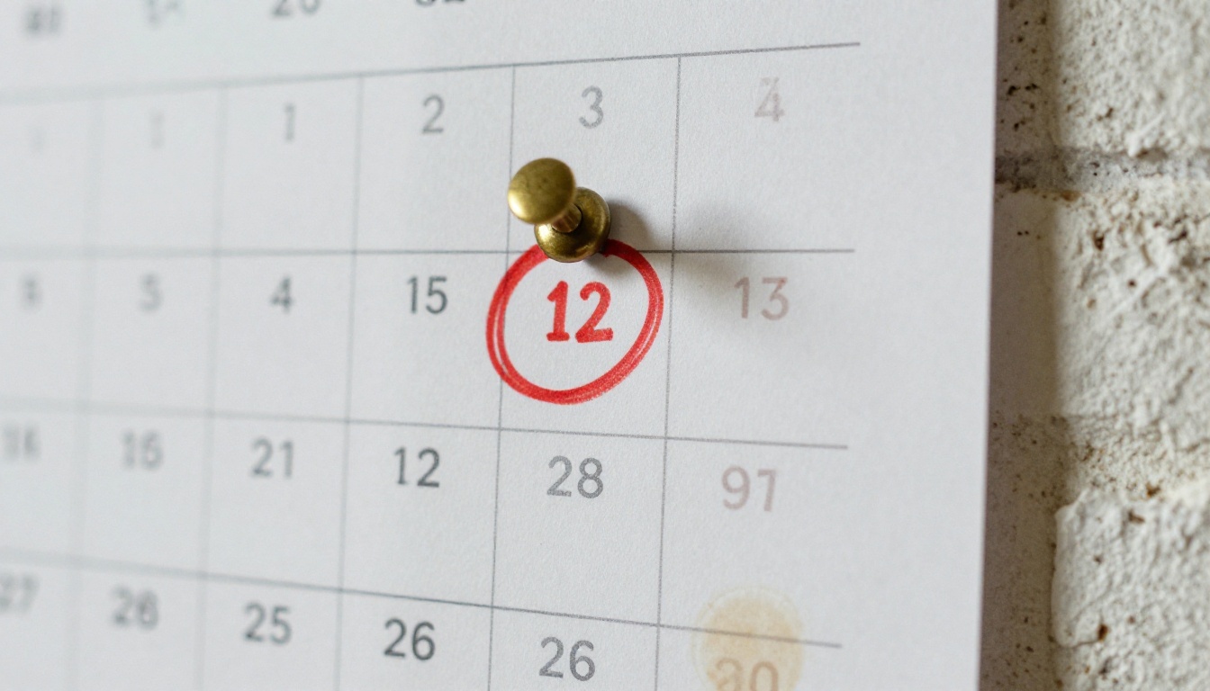 A paper wall calendar with one date circled in red marker, pinned to a white brick wall