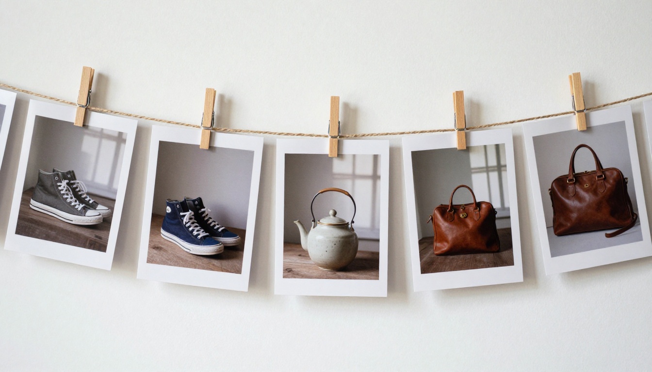 Row of printed photographs clipped to a twine line on a white studio wall, seen from a low angle