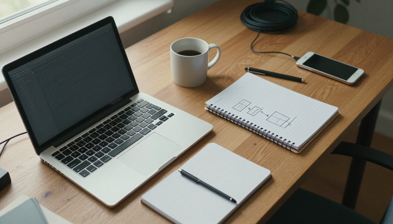 Overhead view of a desk with a laptop, a notebook with hand-drawn flow boxes and a mug