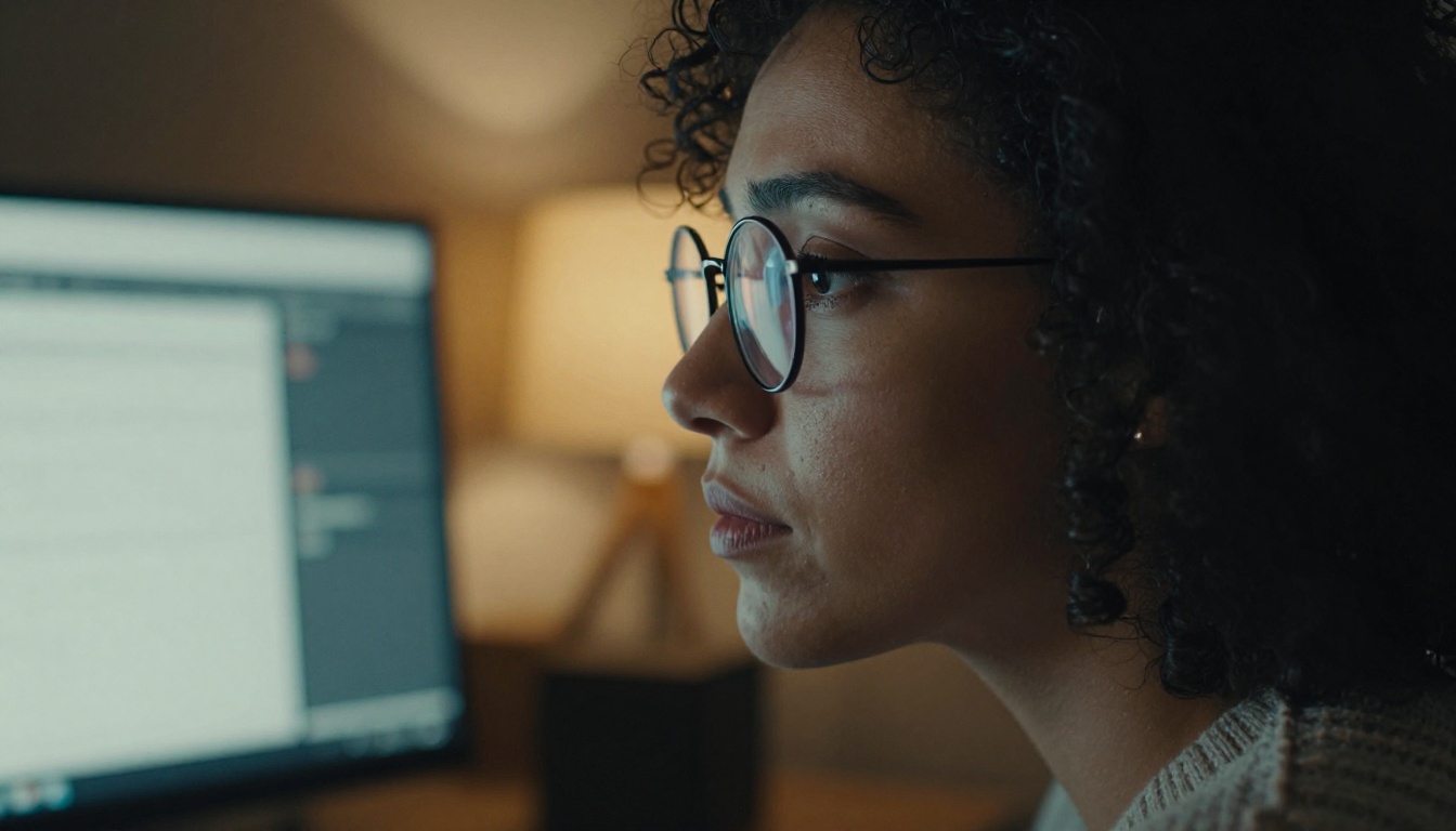 Woman with dark curly hair and round glasses in profile, studying a screen lit by soft light in a home office
