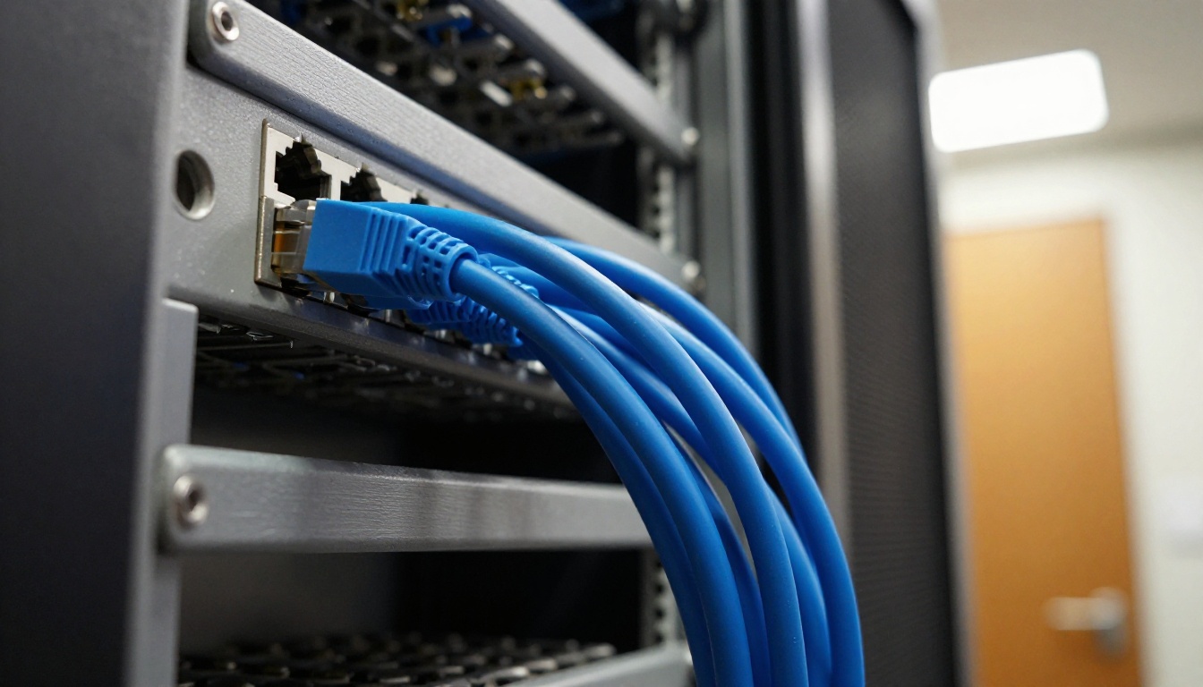 A grey network patch panel with one Ethernet cable hanging loose