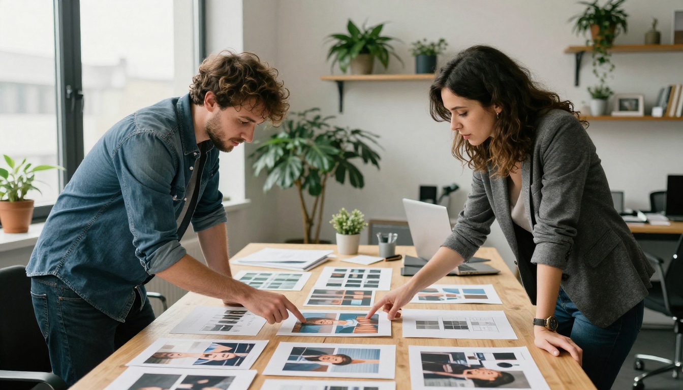 Two colleagues leaning over a long table of printed photo variations, comparing two prints side by side
