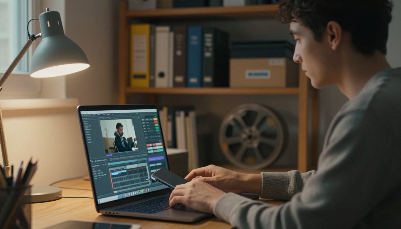 A video editor plugging an external SSD into a laptop at a standing desk