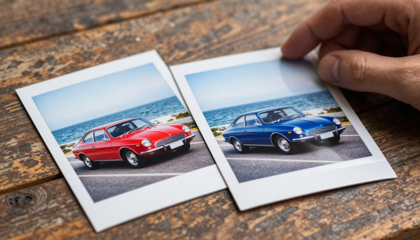 Two glossy prints on a wooden table showing the same red car and the same car repainted blue
