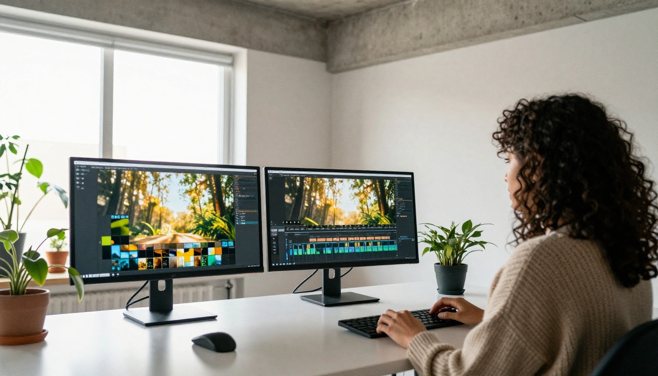 A video editor seen from behind in a bright studio, watching two monitors of landscape footage