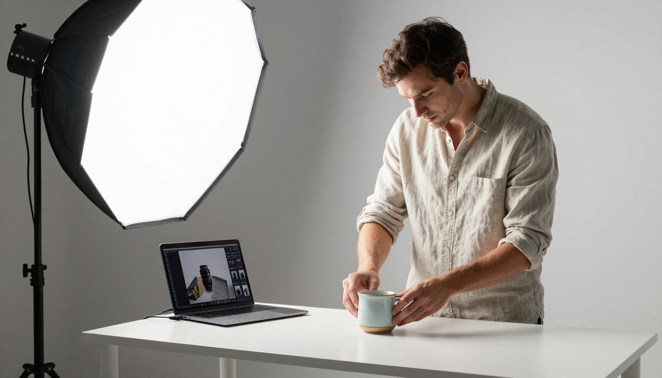 Photographer adjusting a ceramic mug on a white table under a softbox, with a tethered laptop beside the set