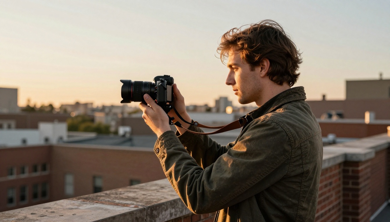 A videographer on a city rooftop at golden hour holding a camera on a gimbal
