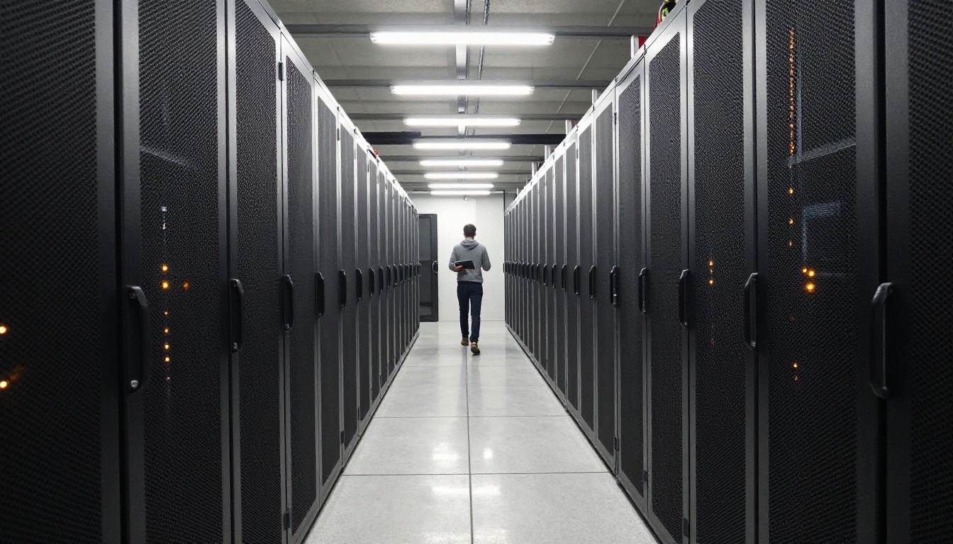 Long corridor of server racks in a data center, the kind of hosted GPU infrastructure Replicate runs models on