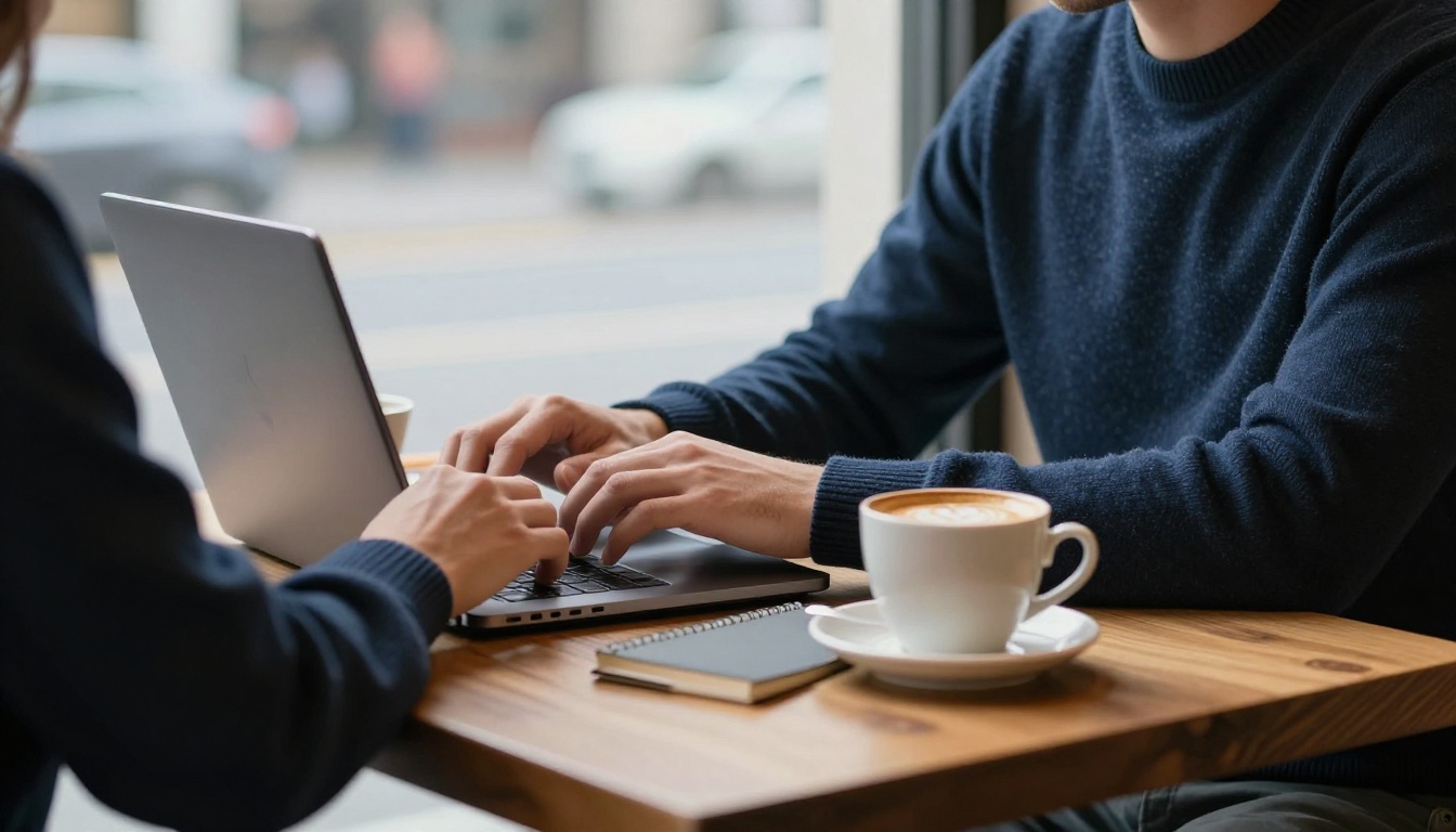 A developer in a navy sweater typing on a laptop at a cafe window seat