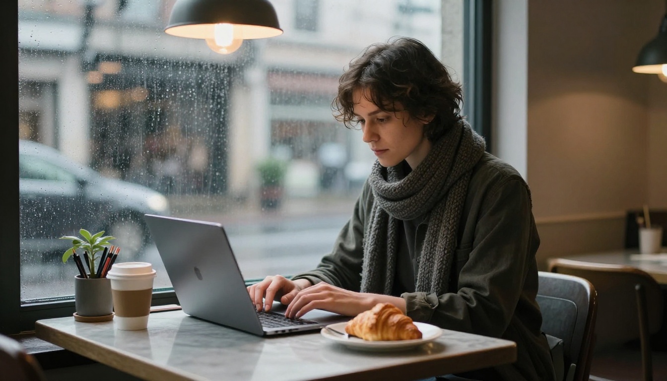 Freelancer working on a laptop at a rainy cafe window, a coffee and a notebook beside them