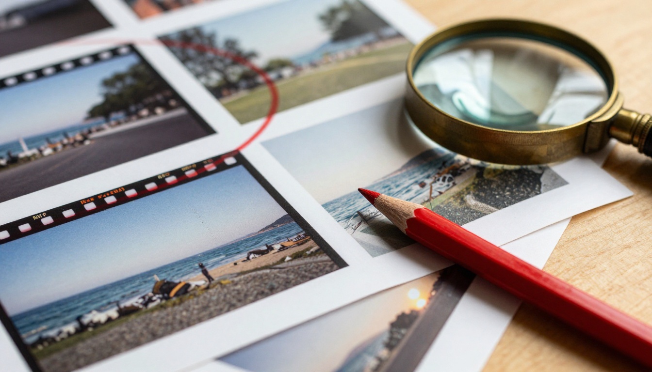 Printed film still frames in a grid with one frame circled in red grease pencil