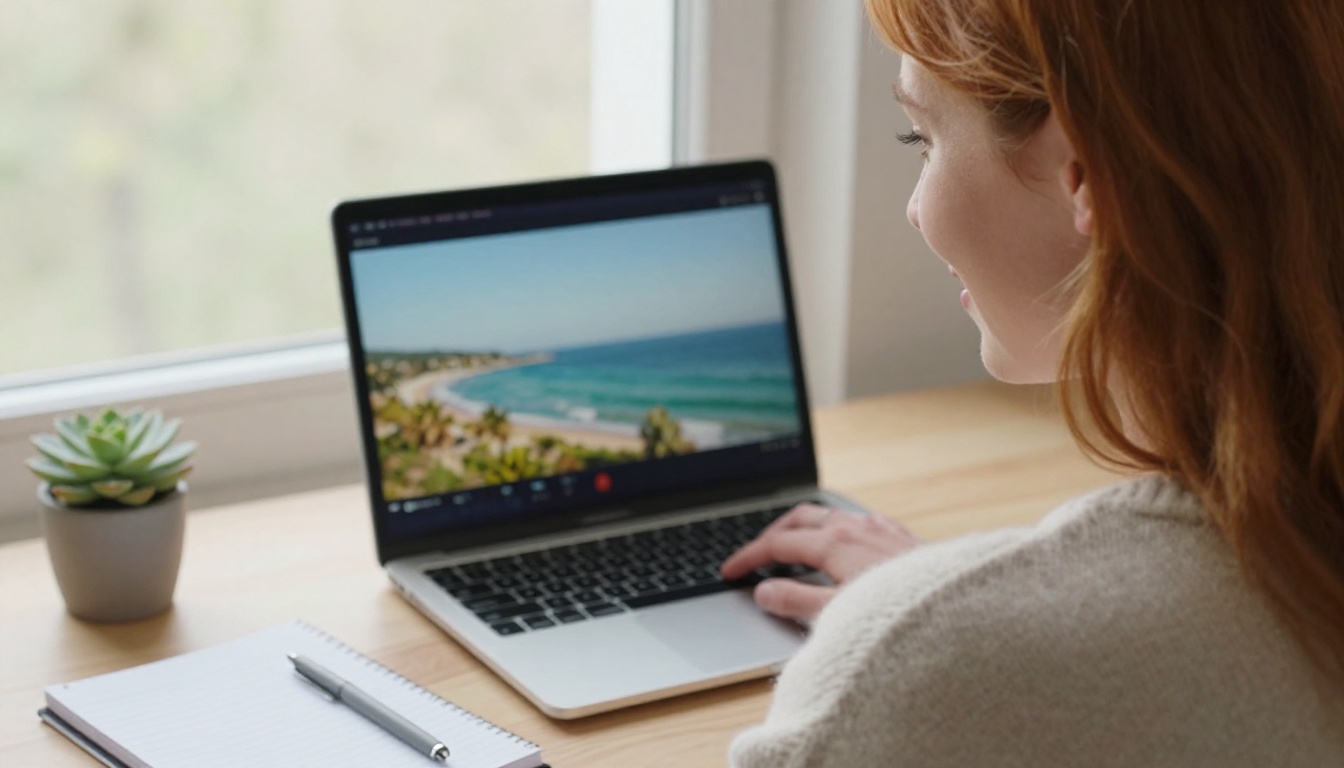 A woman smiling at a short seaside video clip playing on her laptop by a window