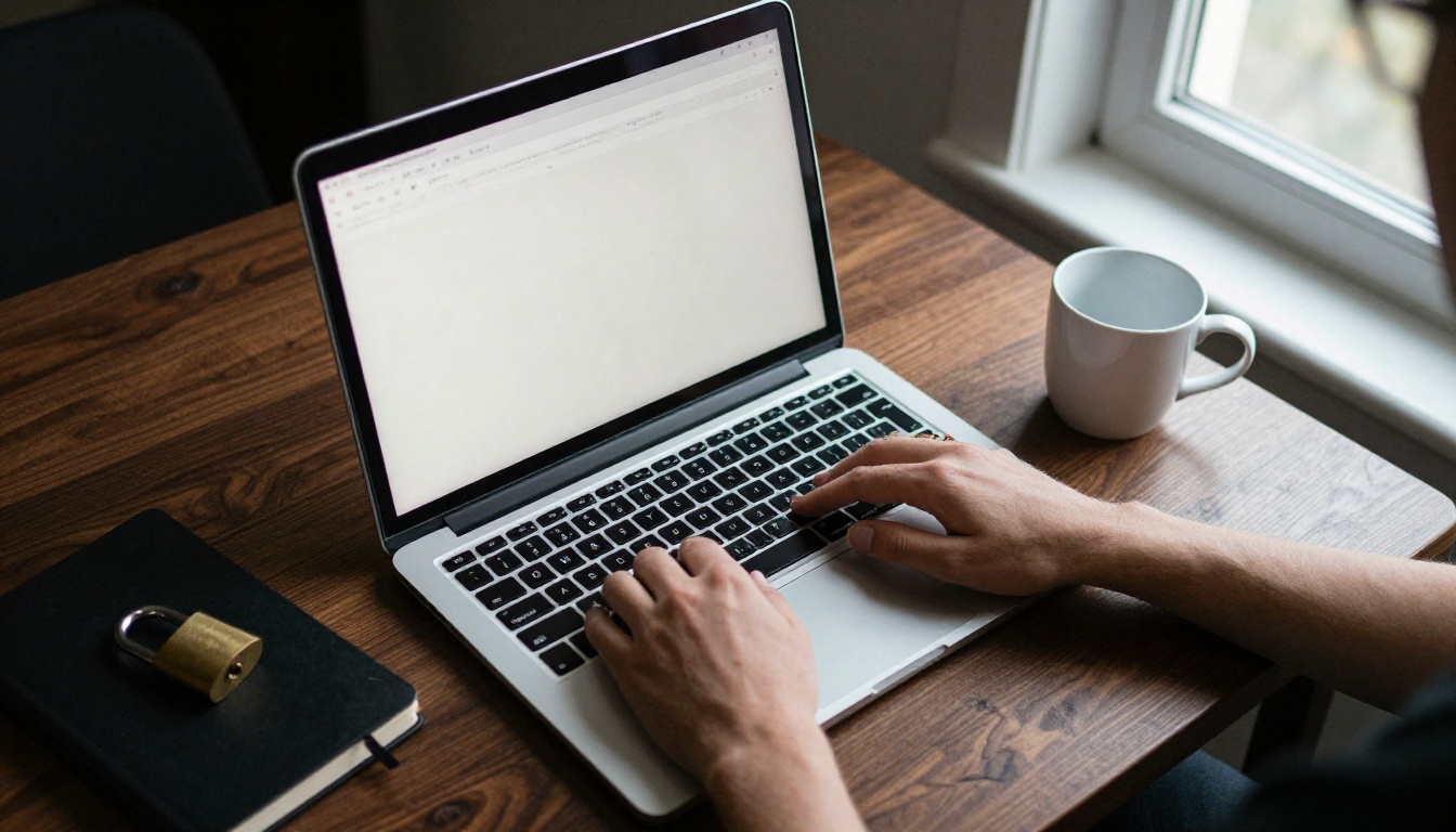 A developer's hands typing on a laptop beside a brass padlock and a ceramic mug
