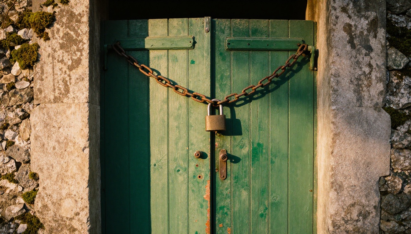 A weathered garden gate with a padlocked main door and a narrow side gate left open