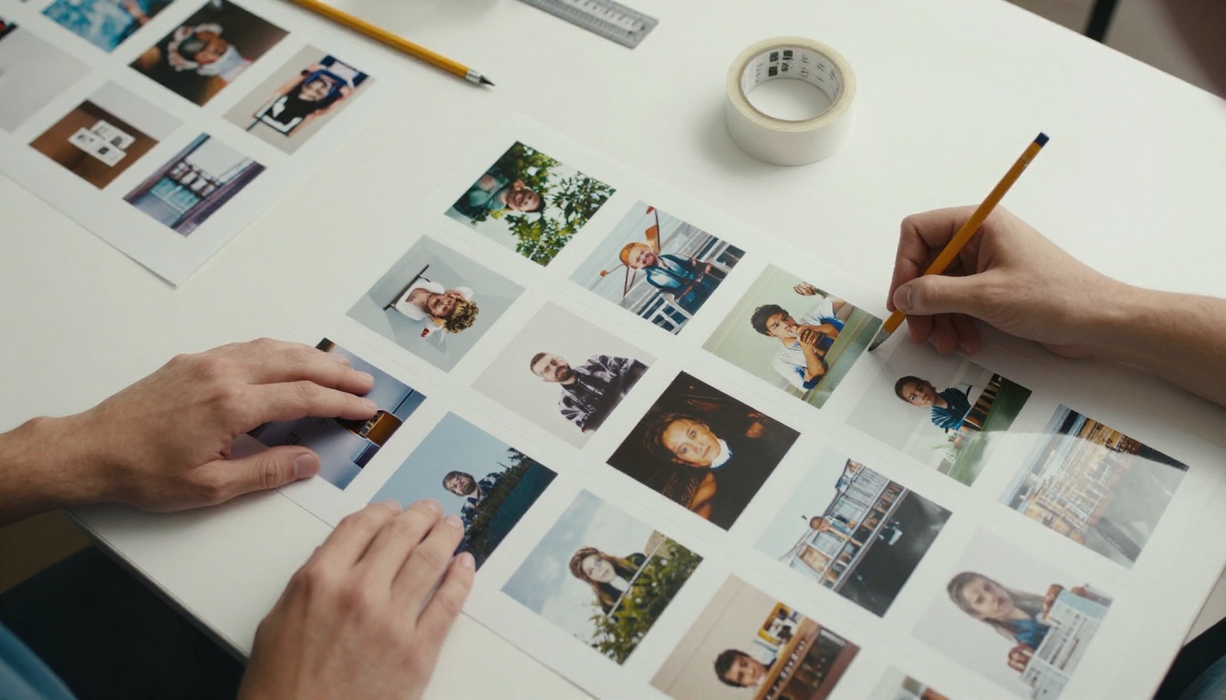 An aerial view of printed photographic test frames arranged in a grid on a white worktable