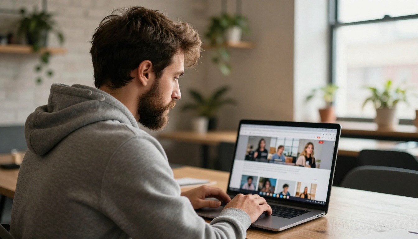 A man watching a browser photo gallery on a laptop in a sunlit coworking space