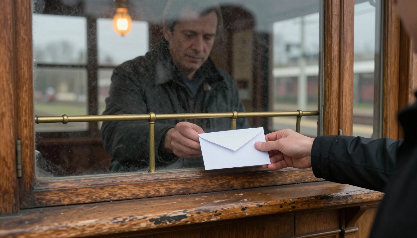 A pair of hands passing a sealed envelope through the brass bars of a vintage ticket booth