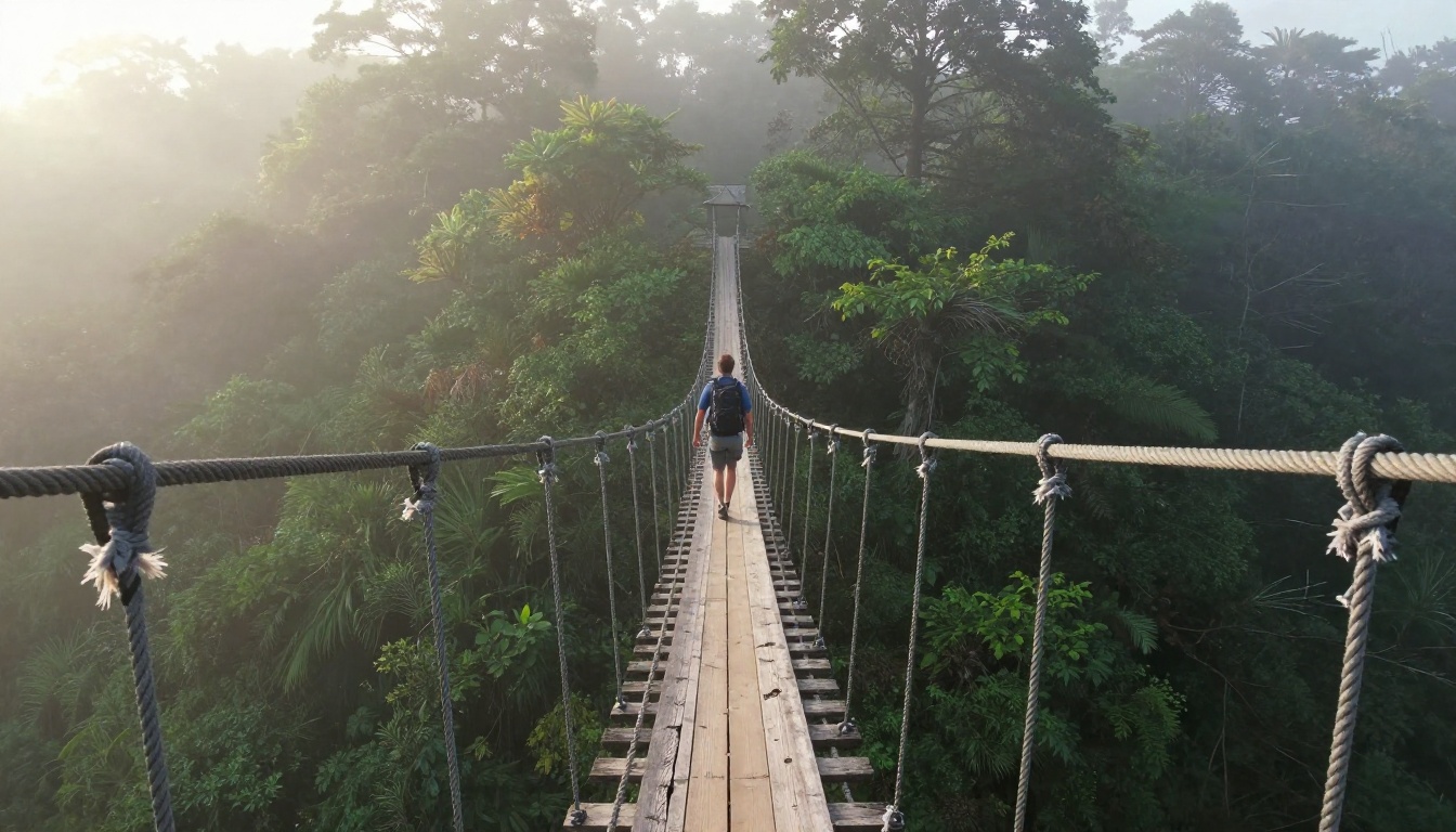 A hiker crossing a frayed rope and plank suspension bridge above a misty gorge