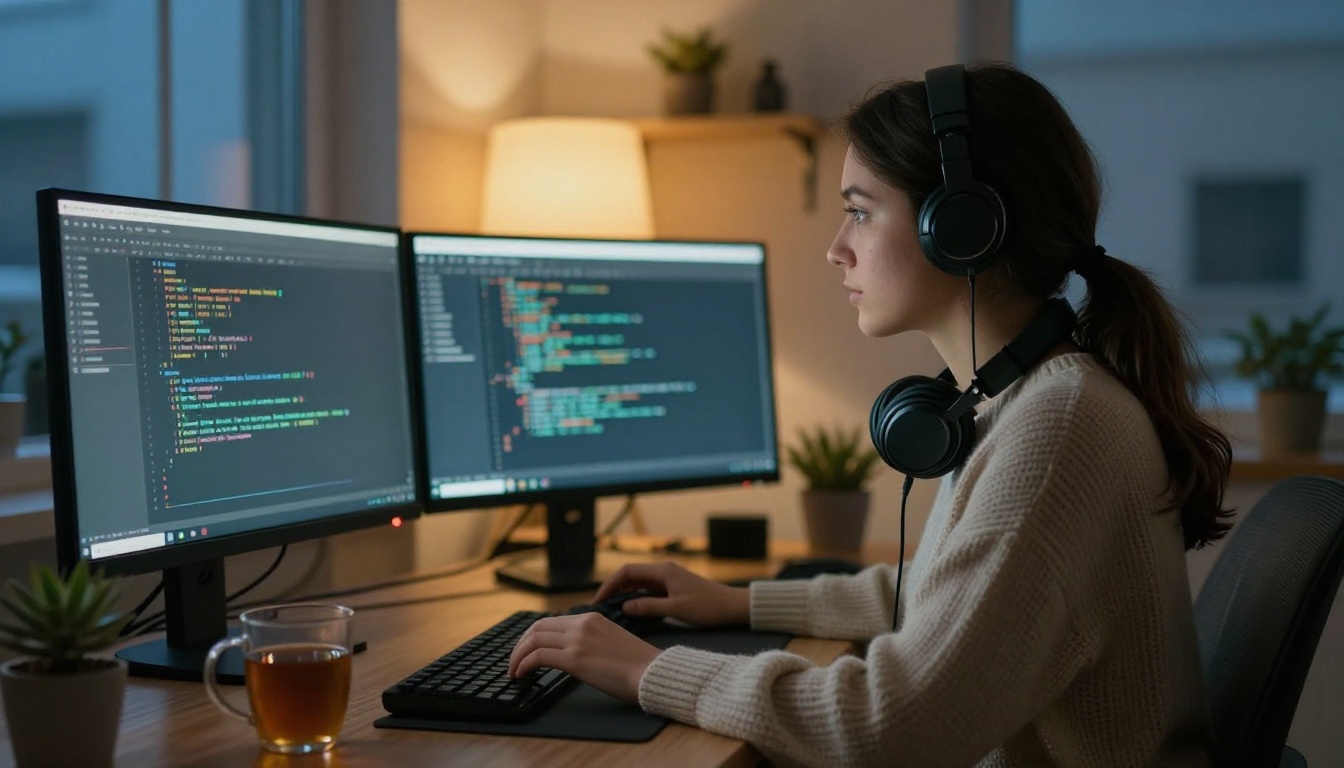A young woman programmer at a standing desk with two monitors in a cozy apartment