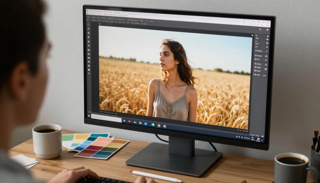A low-angle view of a designer reviewing a sunlit portrait photograph on a large monitor