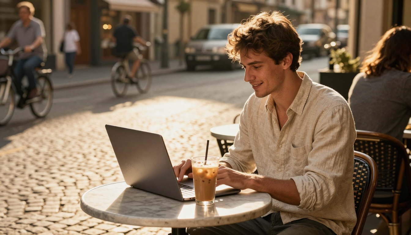 A young man smiling at his laptop on a sunlit sidewalk cafe terrace at golden hour