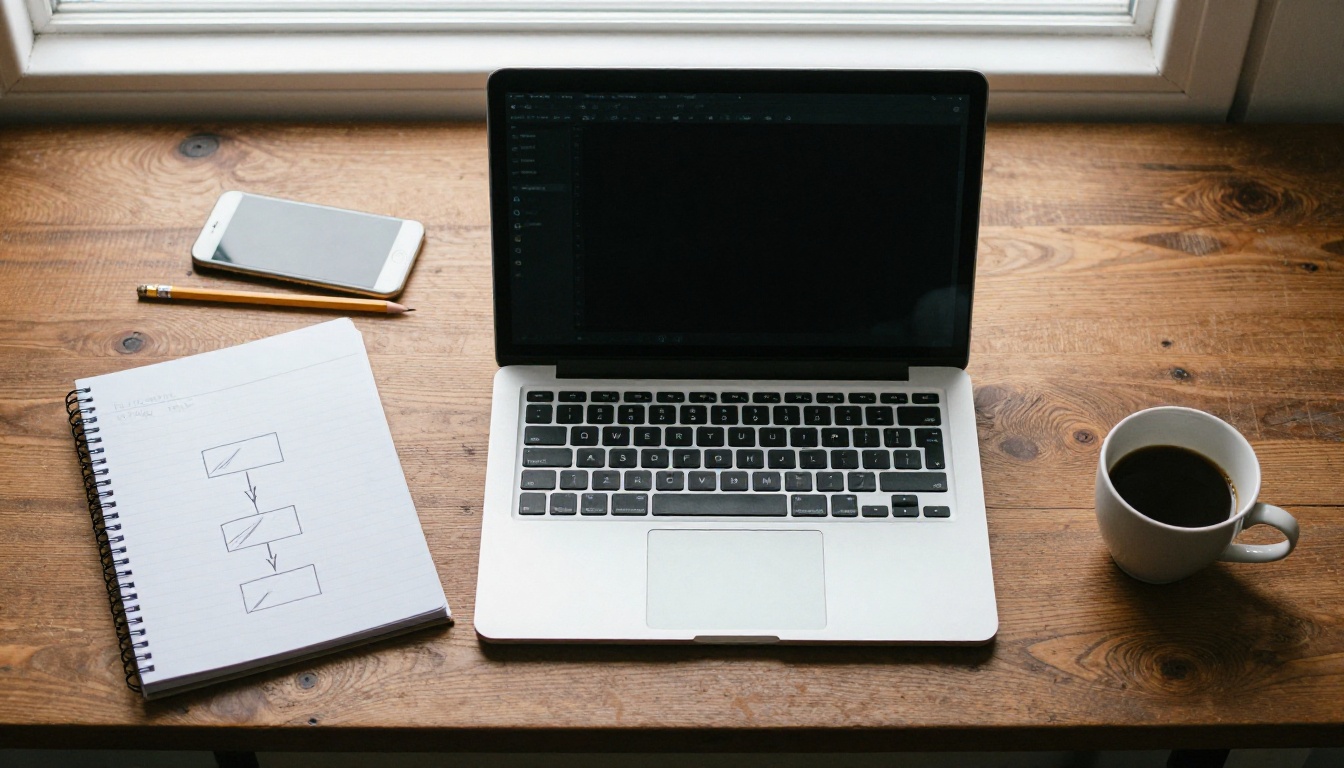 Top-down view of a walnut desk with a laptop, a notebook diagram of three connected boxes and a cup of coffee