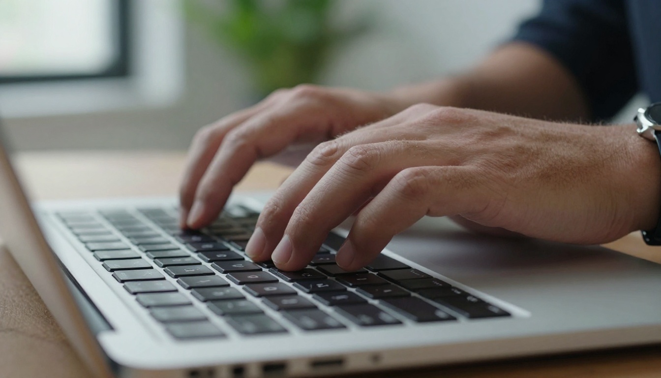 Low-angle close-up of a developer's hands resting on a laptop in soft daylight