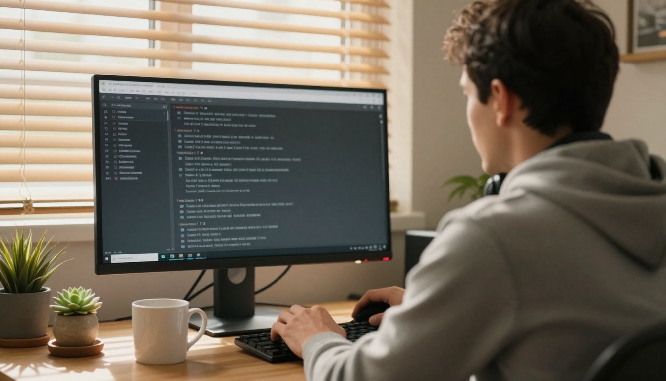 Man in a sunlit home office leaning toward a monitor that shows a plain terminal window