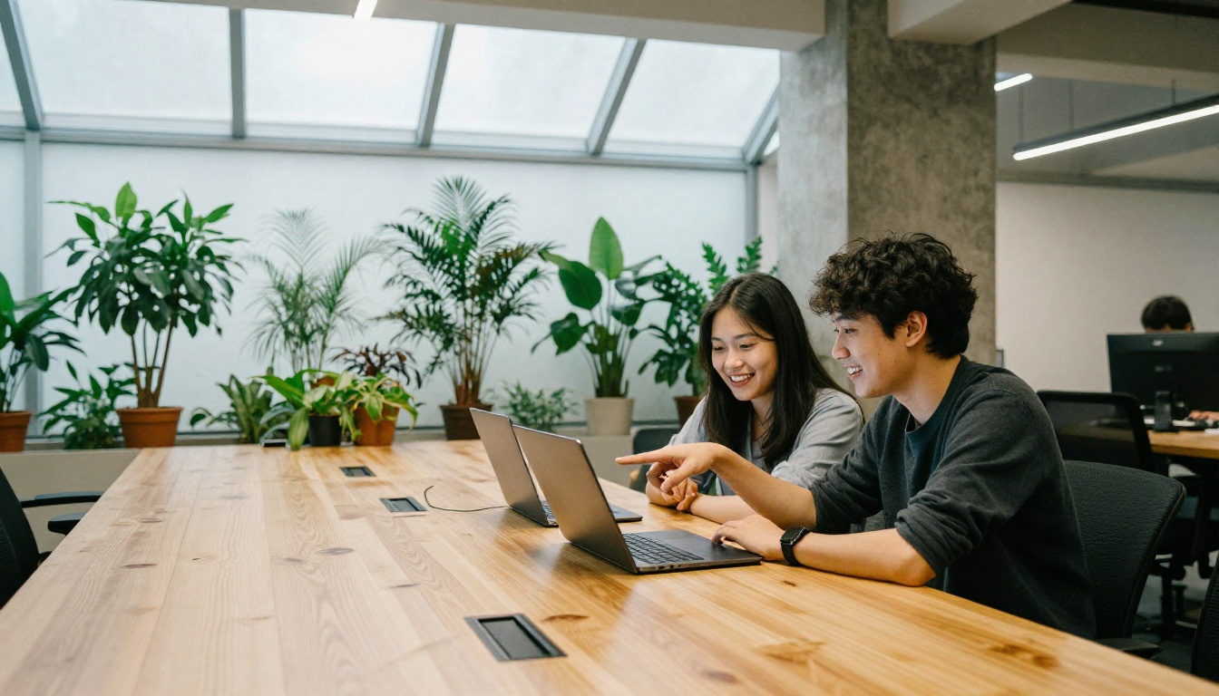 Two developers at a long birch table in a bright coworking space, one pointing at a laptop