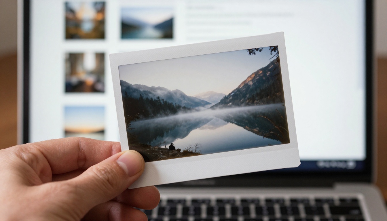 Hand holding a printed photograph of a misty mountain lake above an open laptop