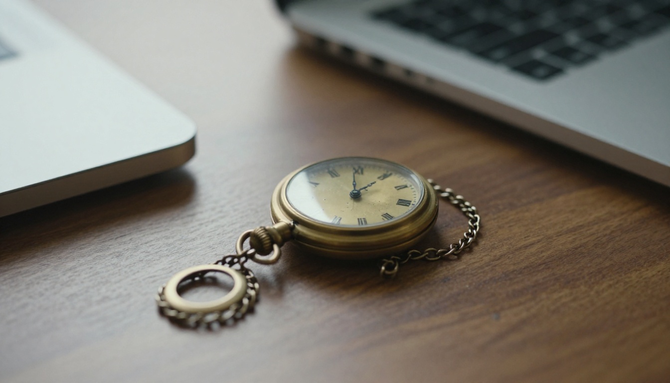 Brass pocket watch lying open on a walnut desk beside a laptop trackpad
