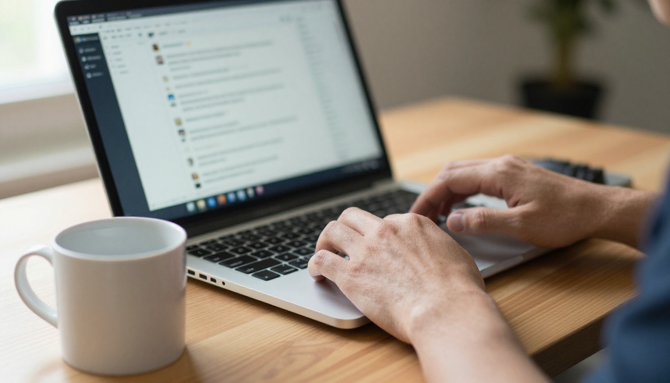 Hands typing a prompt at a wooden desk with a blurred chat window glowing on the laptop behind